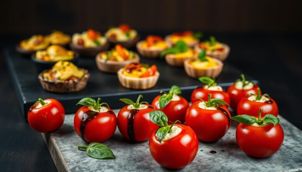 Creative party snacks with boursin stuffed cherry tomatoes