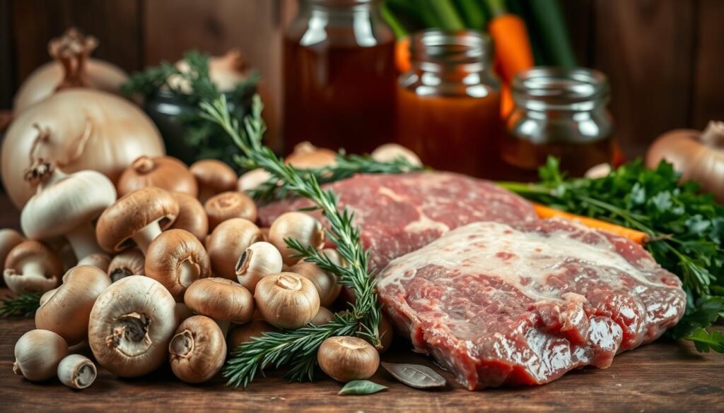 Ingredients for beef stew recipe with mushrooms Ingredients for beef stew recipe with mushrooms