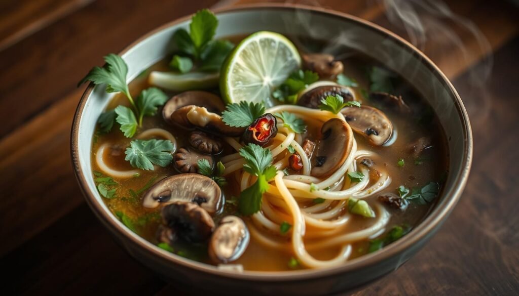 Vegan pho with mushrooms plant-based broth preparation Vegan pho with mushrooms plant-based broth preparation