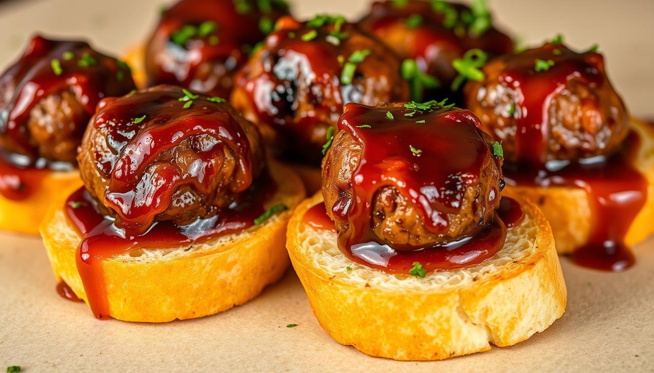 BBQ Lamb Meatball Crostini Appetizer