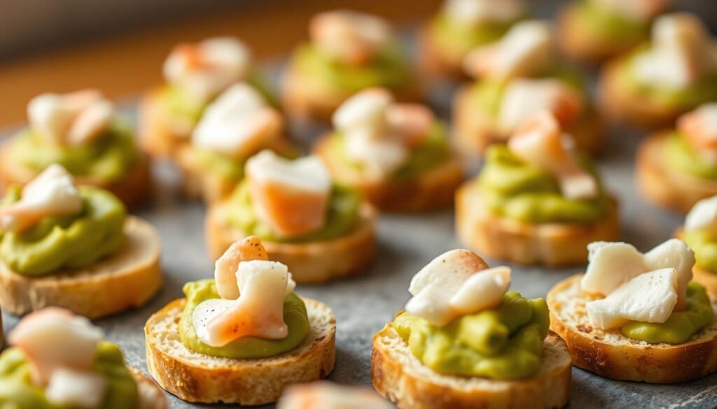 Crab and Avocado Toast Bites Appetizer Assembly
