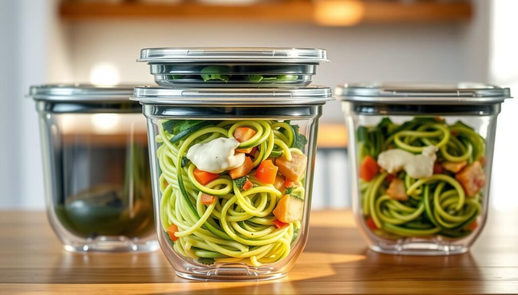Vegan meal prep containers with zucchini noodles