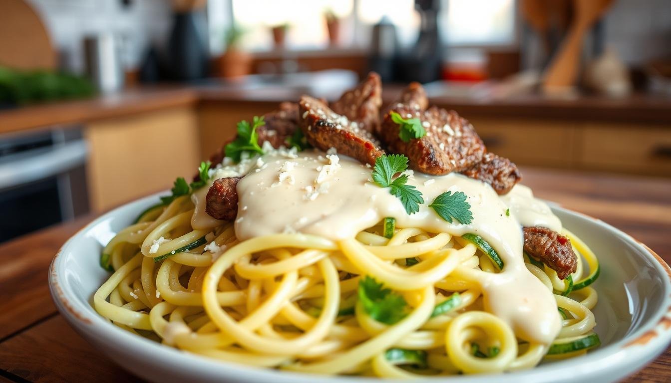 Keto Beef Zoodle Alfredo